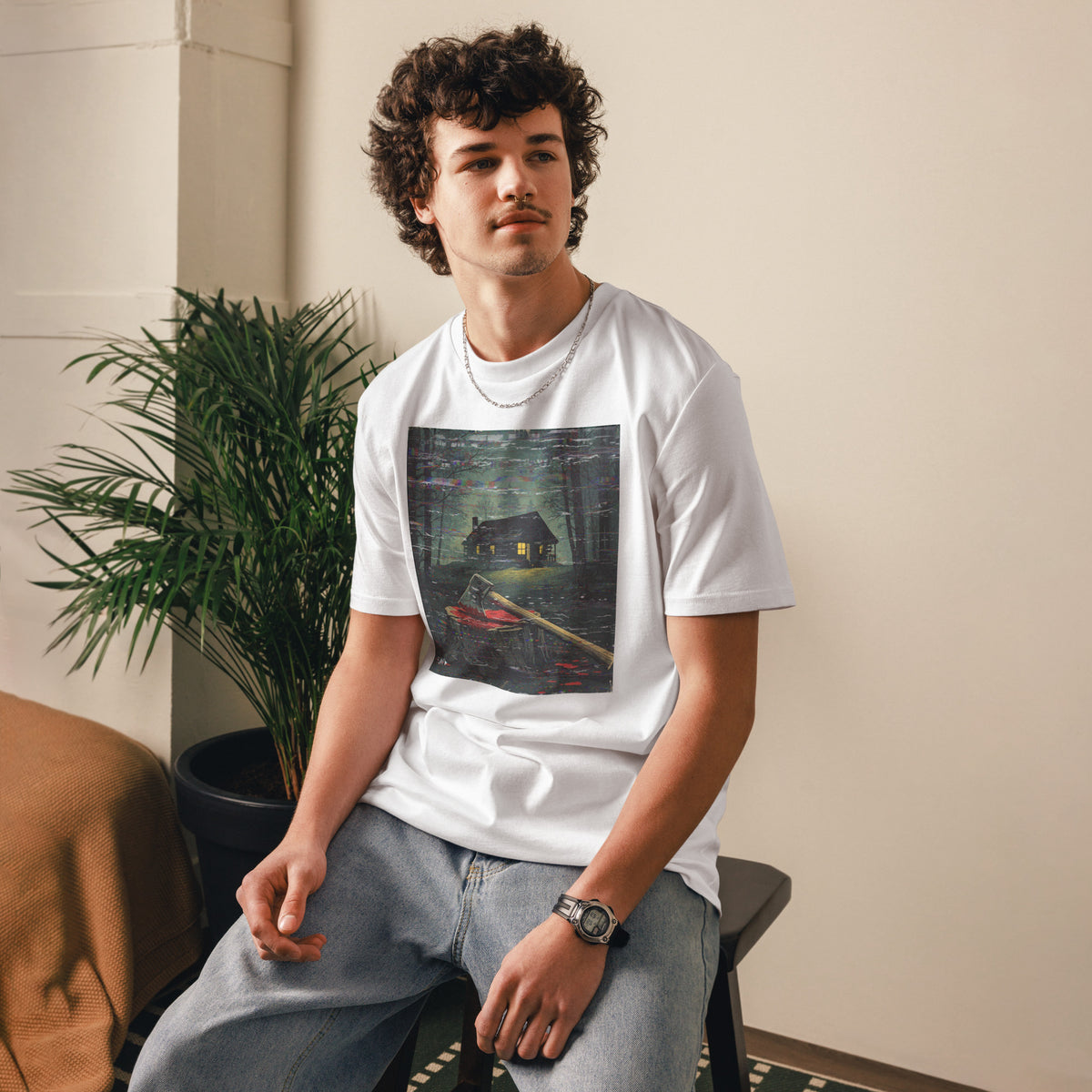 Modelo masculino en camiseta blanca con estampado de terror analógico estilo años 80
