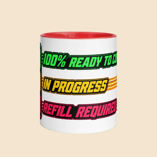 Taza de cerámica con interior rojo y diseño retro gaming 100% Ready To Conquer con indicador de batería en colores neón.