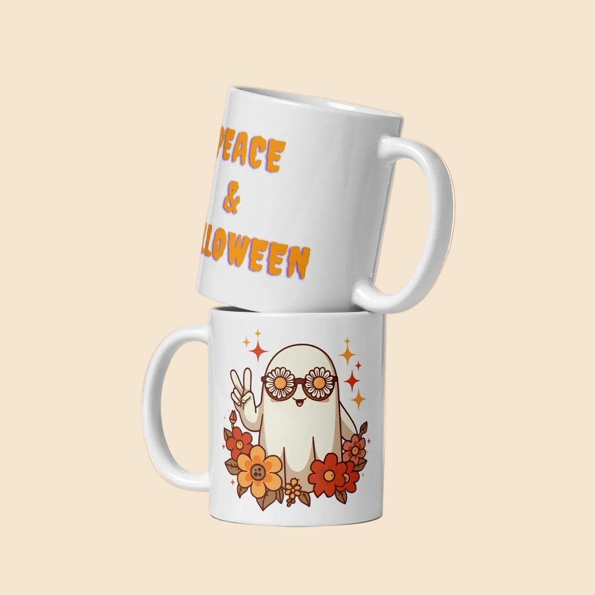 Taza blanca con diseño vintage de fantasma con gafas de flores, flores otoñales y mensaje Peace & Halloween